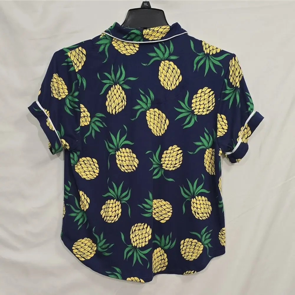 kate spade new york Womens XL Pineapple Pajama Top Navy Button Front Pocket